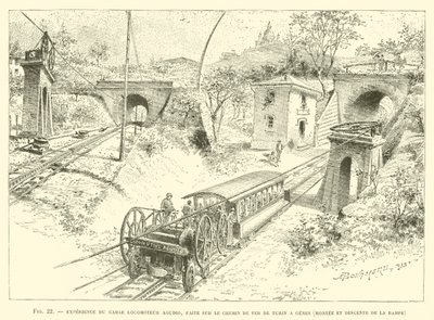 Ervaring met de Agudio kabeltrein, Uitgevoerd op de spoorlijn van Turijn naar Genua, Klimmen en dalen van de helling (gravure) door French School