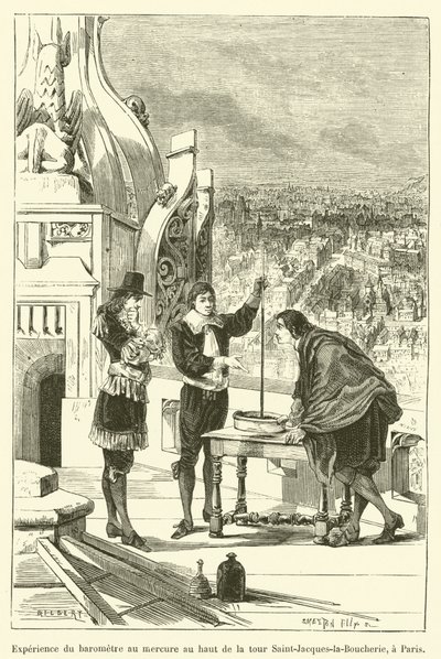 Barometerexperiment met kwik bovenop de toren Saint-Jacques-la-Boucherie, in Parijs door French School