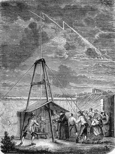 Experiment uitgevoerd op 10 mei 1752, door Thomas-François Dalibard (1703-1779) in Marly, eerste demonstratie van de aanwezigheid van elektriciteit in onweerswolken - gravure door French School