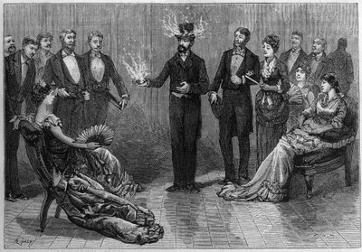 Ervaring met brandbare vloeistof, brandend op een hoed, op een zakdoek, enz., zonder brand te veroorzaken, uitgevoerd in het Conservatoire des Arts et Metiers in 1881. Gravure in 