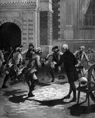 Ervaring van de fles van Leiden door Abbe Jean Antoine Nollet (Jean-Antoine) (1700-1770), Franse natuurkundige in Versailles, waar 180 bewakers tegelijkertijd werden getroffen.1746. door French School