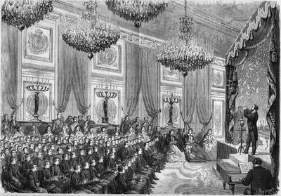 Fysische experimenten uitgevoerd door Henri Robin (ca. 1803-1874) ter ere van de beste leerlingen van de Lyceums van Parijs, een show aangeboden door de Keizerlijke Prins in het Palais des Tuileries, op 27 januari 1865. Aanwezig: de Keizerlijke Prins, zoon door French School