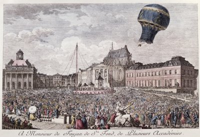 Experiment in Versailles van de gebroeders Montgolfier met de vlucht in een Montgolfière heteluchtballon van een haan, een eend en een schaap op 19 september 1783 door French School
