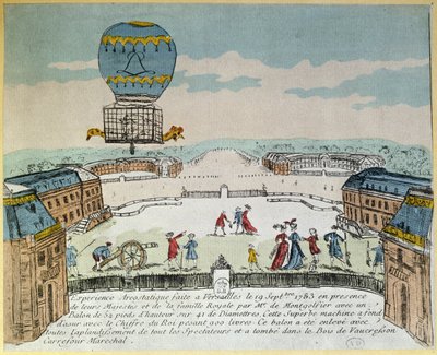 Experiment in Versailles van de gebroeders Montgolfier met de vlucht in een Montgolfière heteluchtballon van een haan, een eend en een schaap op 19 september 1783 door French School