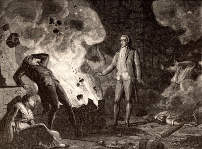 Explosie van de explosievenfabriek van Essonne, Frankrijk, ca. 1788 (gravure) door French School