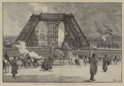 Exposition Universelle, huidige staat van de Eiffeltoren, uitzicht vanaf het Trocaderopark (gravure) door French School