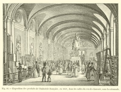 Tentoonstelling van Franse industriële producten, in 1819, in de zalen van de begane grond, onder de colonnade door French School