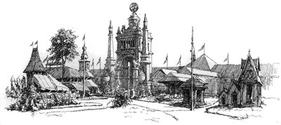 Wereldtentoonstelling van Antwerpen (België) in 1885: uitzicht op de gebouwen van de tentoonstelling. Gravure in 