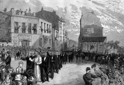 Uitdrijving van de Kapucijnen uit Marseille na de decreten van maart 1880 uitgevaardigd door Jules Ferry, die het recht om les te geven aan leden van niet-erkende religieuze congregaties introkken: ovatie van de menigte aan de Kapucijnen die uit hun gemeen door French School
