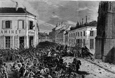 Uitdrijving van de Maristen van Tourcoing na de decreten van maart 1880 genomen door Jules Ferry en het verwijderen van het recht om les te geven aan leden van niet-erkende religieuze congregaties: de politie verspreidde de ruiters, vijandig tegenover de door French School