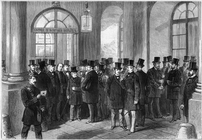 Verlenging van de presidentiële termijn van maarschalk Mac-Mahon, instelling van het septennat in Frankrijk, november 1873: zicht op de ingang van de Assemblée de Versailles, op de dag van de discussie over de verlenging. Van links naar rechts door French School