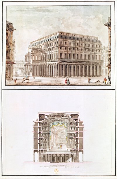 Exterieur en doorsnede van het interieur van het Theatre des Varietes, 6 rue de Richelieu door French School