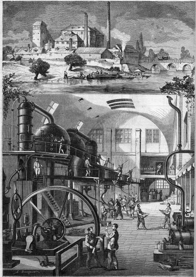 Buitenaanzicht en hoofdwerkplaatsen van de grote suikerraffinaderij Les Recollets, eigendom van de heer Cedard in Nantes in 1864. Gravure in 