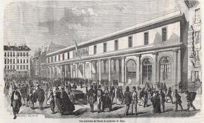 Buitenaanzicht van de School of Medicine of Paris - Gravure in 