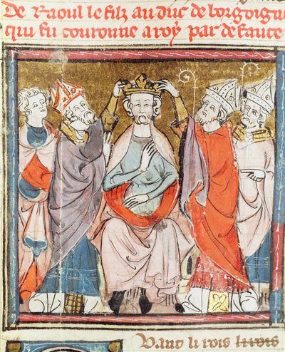 Raoul, zoon van de hertog van Bourgondië, wordt gekroond tot koning van Frankrijk, uit de Grandes Chroniques de France, 1375-79 door French School