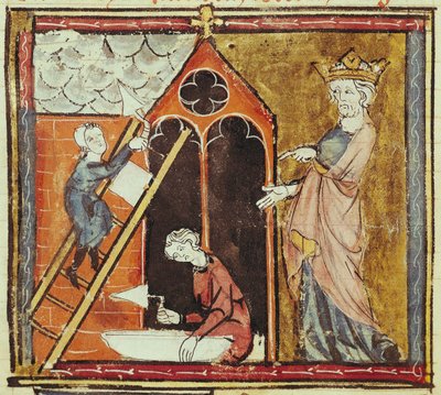 F.235v Koning Lodewijk VI kijkt naar de bouw van een kerk, uit de Grandes Chroniques de France door French School