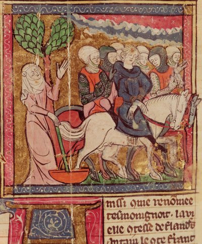 F.288r Ferdinand van Portugal (1186-1233) Graaf van Vlaanderen als gevangene naar Parijs gebracht na de Slag bij Bouvines, 27 juli 1214, Grandes Chroniques de France, 1375-79 door French School