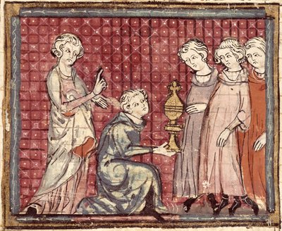 De verdeling van het koninkrijk na de dood van Clotaire I (497-561), uit de Grandes Chroniques de France 1375-79 door French School