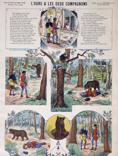 Fabel van La Fontaine: De beer en de twee metgezellen - Afbeelding van Epinal, uitgeverij Pellerin, eind 19e eeuw door French School