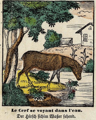 Fabels van La Fontaine: het hert dat zichzelf in het water ziet (spinal afbeelding, eerste helft 19e eeuw) door French School