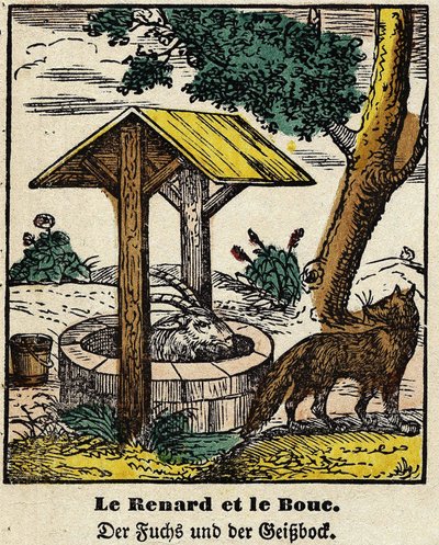 Fabels van La Fontaine: de vos en de haan. Afbeelding van Epinal, eerste helft van de 19e eeuw door French School