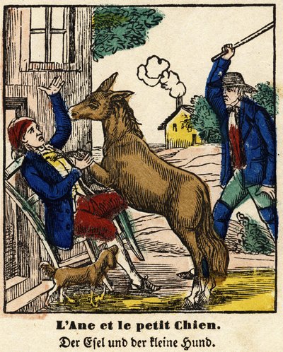 Fabels van La Fontaine: de ezel en de kleine hond. Afbeelding van Epinal, eerste helft van de 19e eeuw door French School