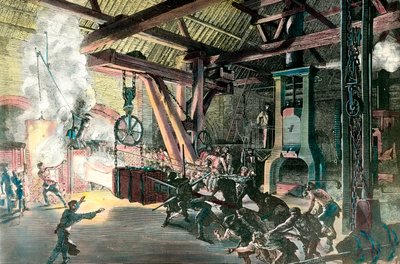 Fabriek: Le hamteau drummer (hamer-drummer) van de smederijen van Creusot in 1865. Gravure rond 1865. Privécollectie door French School