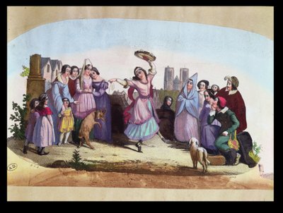Waaiervormig ontwerp met een scène uit La Esmeralda, een opera van Louise-Angélique Bertin (1805-77) naar de roman van Victor Hugo (1802-85) c.1836 door French School