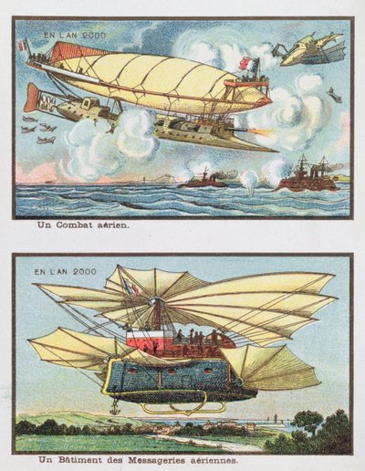Fantasievoorstellingen van een luchtgevecht en een vliegtuig voor vrachtvervoer in het jaar 2000, c.1910 door French School