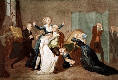 Afscheid van Lodewijk XVI door zijn familie in de Tempel, 20 januari 1793 - Het laatste gesprek van Lodewijk XVI met zijn familie (Marie Antoinette en hun kinderen Marie Therese of Madame Royale (1778-1851) en Lodewijk XVII (1785-1795), de avond voor zijn door French School
