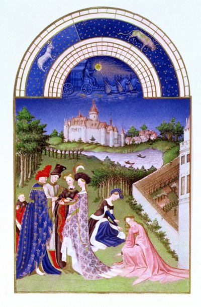 Facsimile van april: hoffelijke figuren in de kasteeltuinen, uit de Tres Riches Heures du Duc de Berry door French School