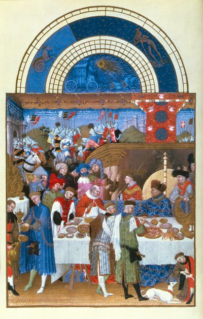 Facsimile van Januari: banketscène door de gebroeders Limbourg, uit de Très Riches Heures du Duc de Berry door French School