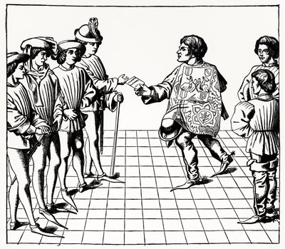 Mode en Manier van de Koning van Wapens, uit de Tournois du roy Rene, illustratie uit Wetenschap en Literatuur in de Middeleeuwen en Renaissance, geschreven en gegraveerd door Paul Lacroix, 1878 door French School