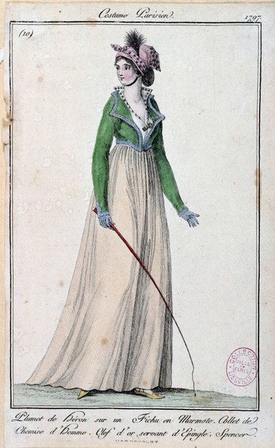 Vrouwelijke mode onder het Directoire: een jonge Parijse elegante gekleed in een reigerveer op een marmot, een kraag van een mannenhemd en een gouden sleutel die als speld dient. 1797 Parijs, kostuummuseum door French School
