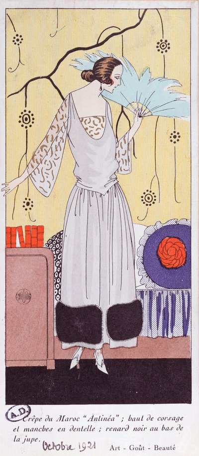 Modeplaat met afbeelding van een waaier gemaakt van veren, uit Art, Gout, Beaute, 1921 door French School