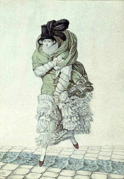 Modeplaat die een dame toont die een rioolstroom oversteekt, 1811 door French School