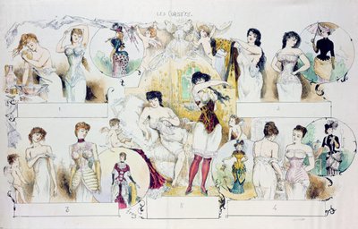 Modeplaat voor La Vie Parisienne die korsetten afbeeldt, c.1870 (kleurgravure) door French School