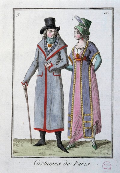 Mode onder het Directoire: een stel elegante Parijzenaars. Anonieme lithografie van 1795. Parijs, kostuummuseum door French School