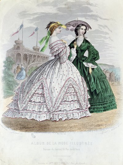 Modieuze Parijse dames aan zee, 1861 door French School