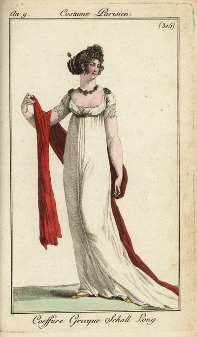 Modieuze vrouw of Merveilleuse met oud-Grieks kapsel door French School