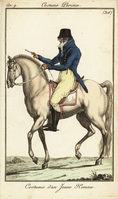 Modieuze jongeman of Incroyable te paard door French School