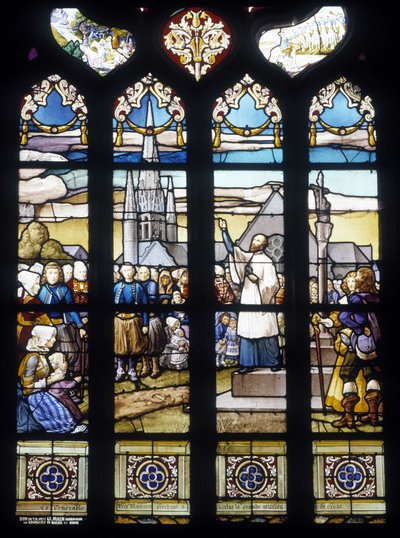 Vader Maunoir predikend in Kerlas de grote missie van 1658 - glas-in-loodramen van de St Germain kerk in Kerlaz door French School