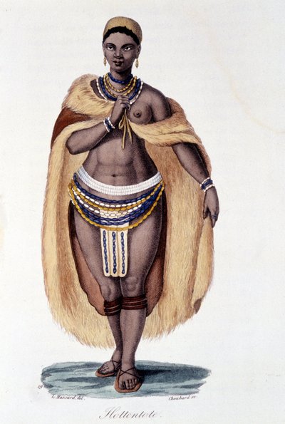 Hottentot vrouw (Venus Hottentot) in traditionele kleding - in 
