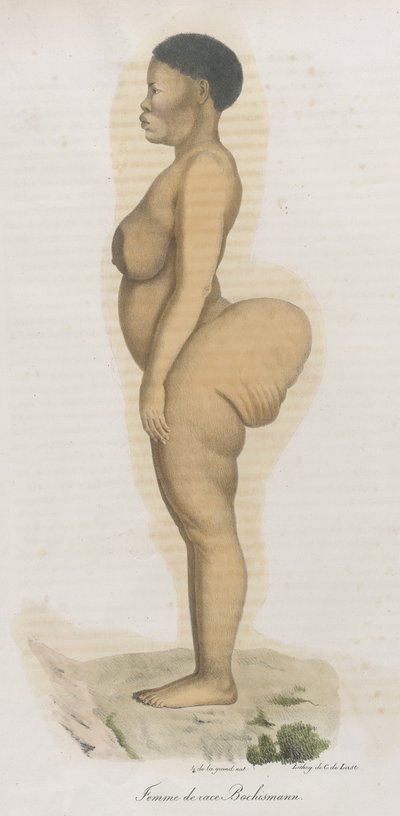Femme de race Bochismann. Deze plaat is blijkbaar een afbeelding van Sara (Saartjie) Baartman (1789-1815) die een Khoisan was die uit Zuid-Afrika werd overgebracht om publiekelijk tentoongesteld te worden in Piccadilly onder de titel 