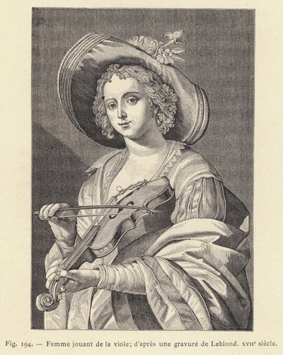 Vrouw die viool speelt, naar een gravure van Leblond, 17e eeuw door French School