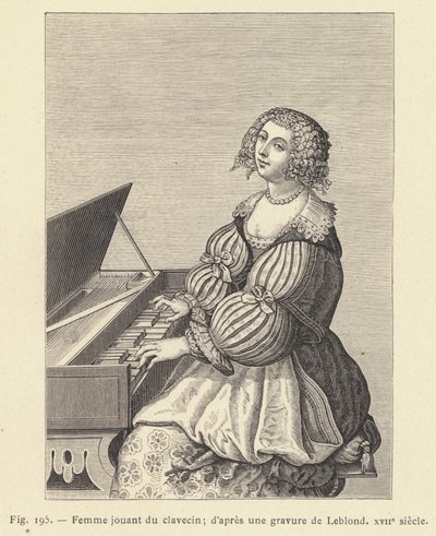 Vrouw die klavecimbel speelt, naar een gravure van Leblond, 17e eeuw door French School