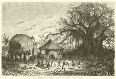 Vrouwen aan de oevers van de Zambezi bouwen hutten, kinderspelen door French School