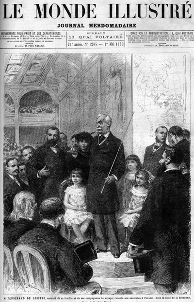 Ferdinand de Lesseps omringd door zijn familie en reisgenoten, vertelt over zijn reis naar Panama in de Salle de la Sorbonne. Omslag van de 