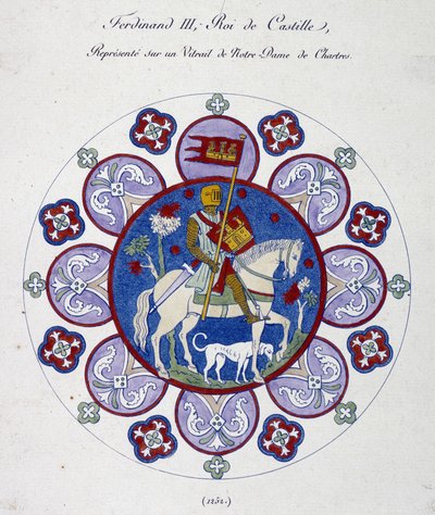 Fernand III, Koning van Castilië, afgebeeld op een glas-in-loodraam van de Notre Dame de Chartres (1252). College simile. door French School
