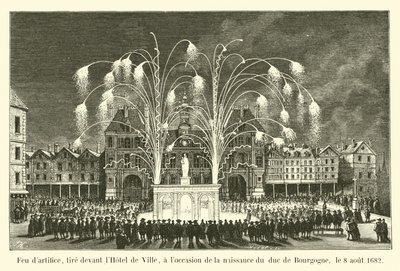 Vuurwerk, afgeschoten voor het stadhuis, ter gelegenheid van de geboorte van de hertog van Bourgondië, 8 augustus 1682 door French School
